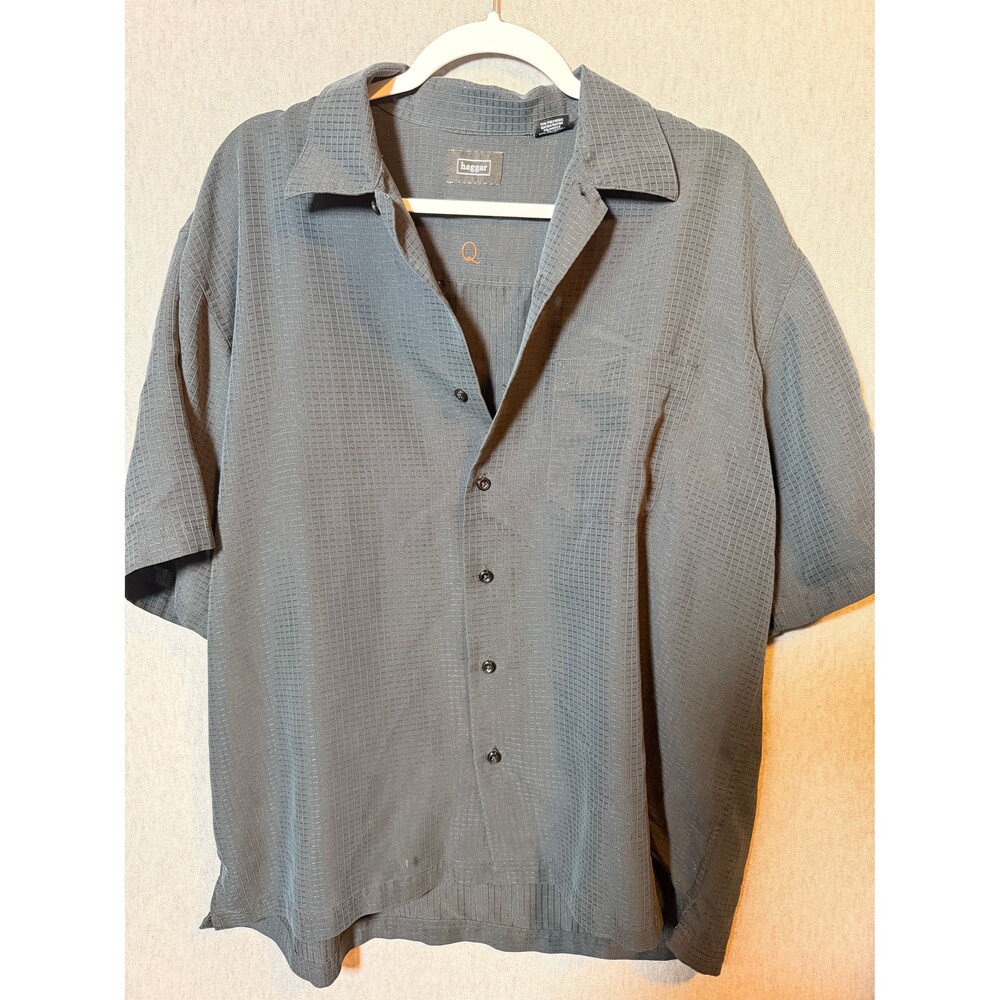 Haggar Men's Large Gray Textured Grid Casual Button Down Short Sleeve Shirt